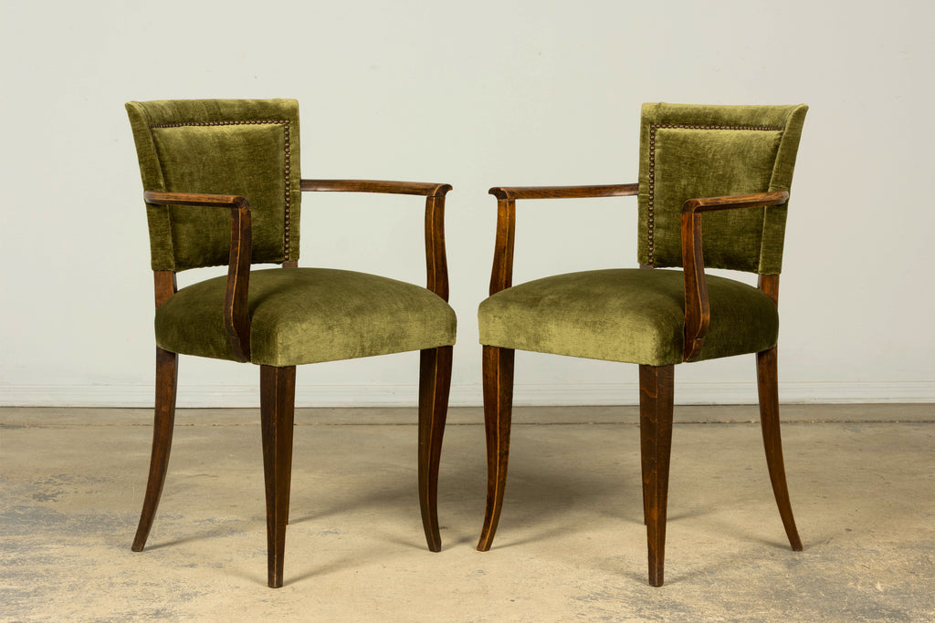 Set of 8 1930s French Art Deco Maple Dining Chairs in Olive Green Velvet