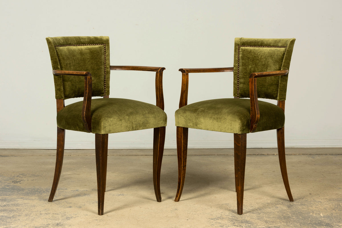 Set of 8 1930s French Art Deco Maple Dining Chairs in Olive Green Velvet