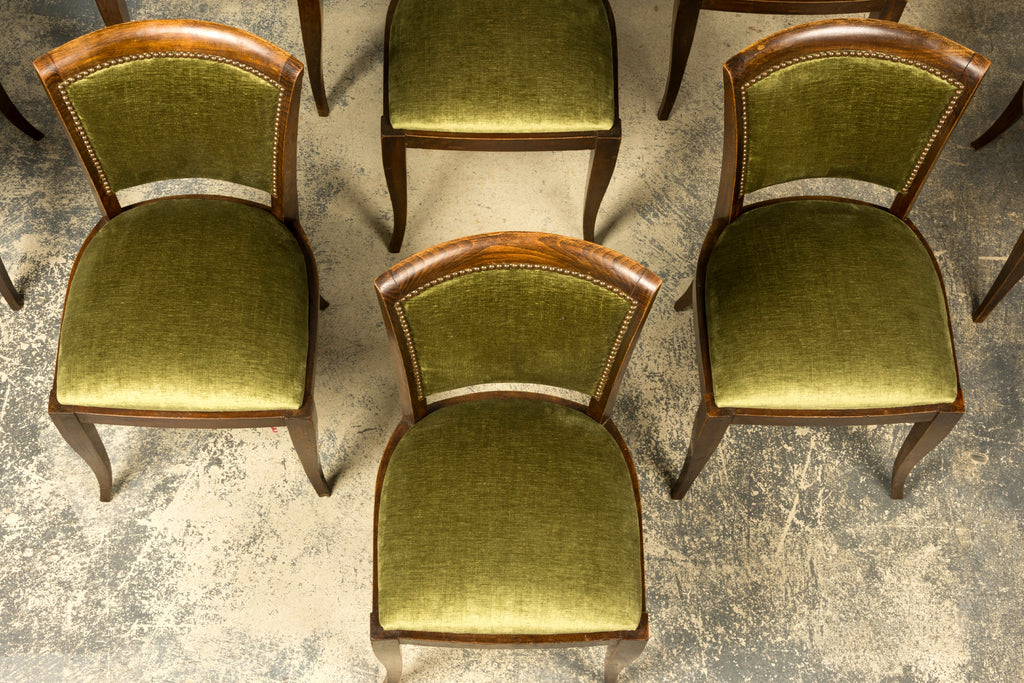 Set of 8 1930s French Art Deco Maple Dining Chairs in Olive Green Velvet