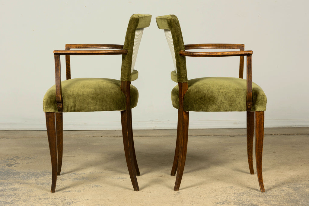 Set of 8 1930s French Art Deco Maple Dining Chairs in Olive Green Velvet