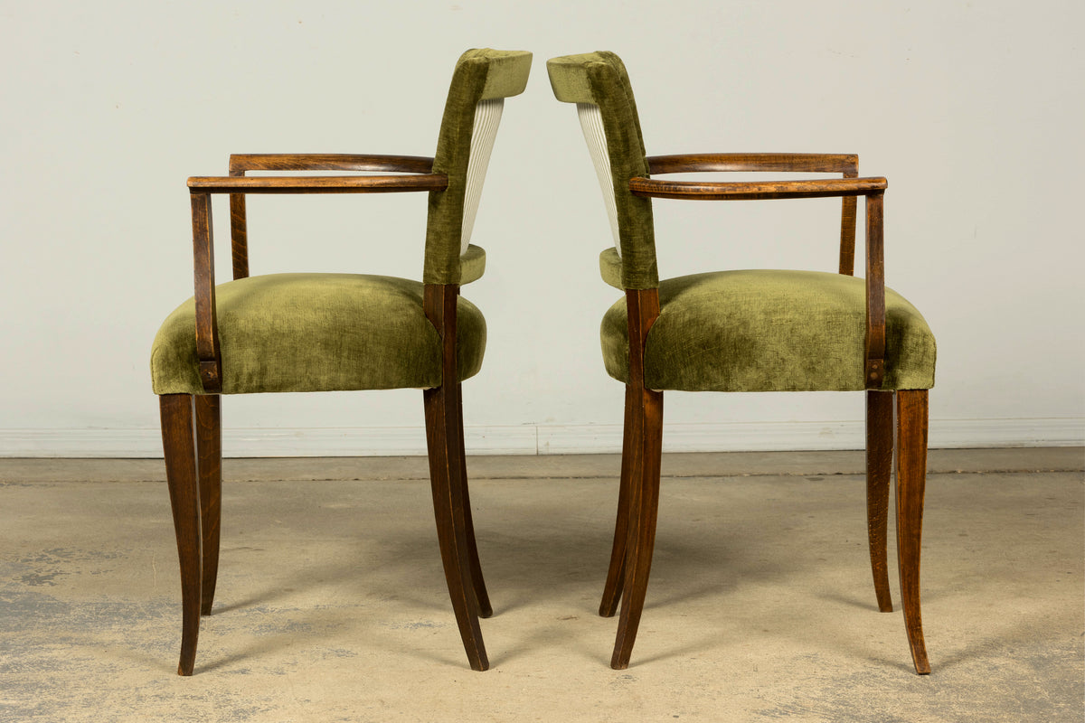 Set of 8 1930s French Art Deco Maple Dining Chairs in Olive Green Velvet