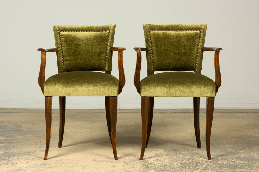 Set of 8 1930s French Art Deco Maple Dining Chairs in Olive Green Velvet