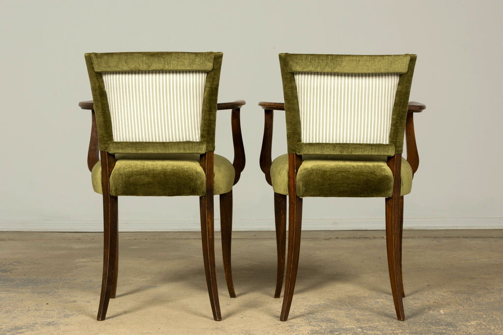 Set of 8 1930s French Art Deco Maple Dining Chairs in Olive Green Velvet