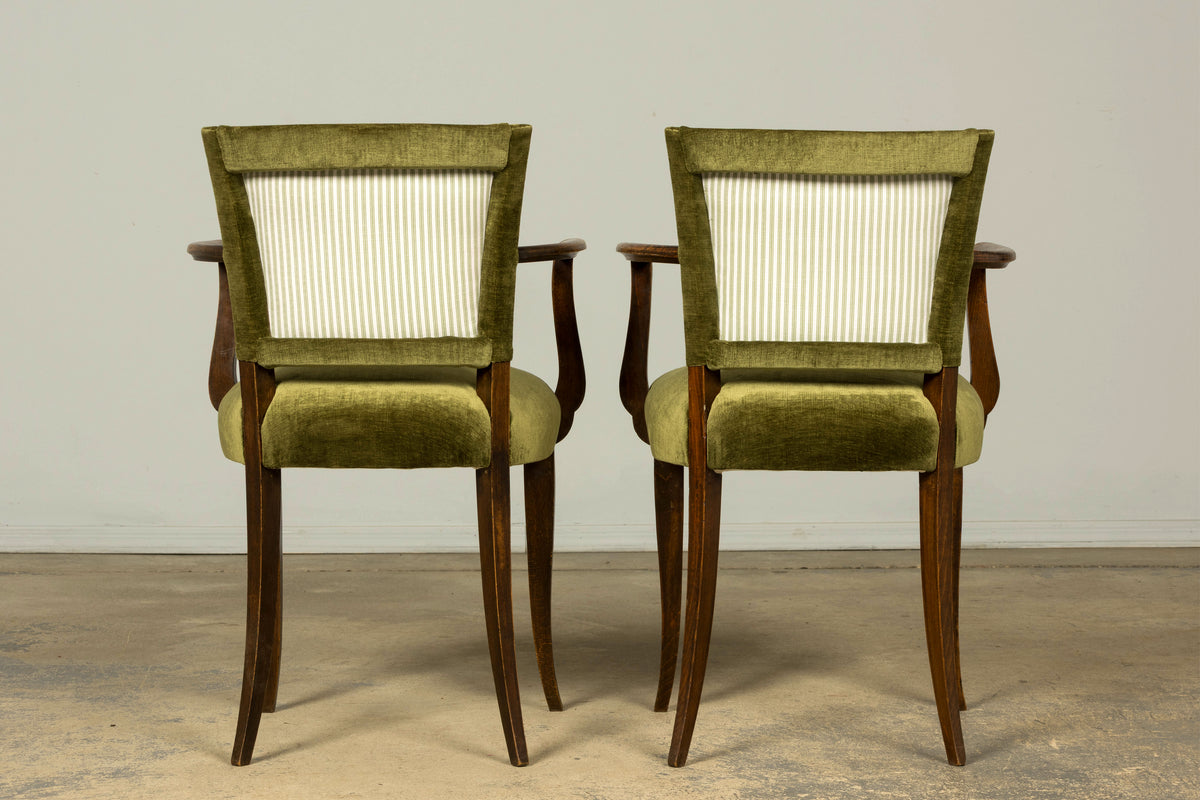 Set of 8 1930s French Art Deco Maple Dining Chairs in Olive Green Velvet