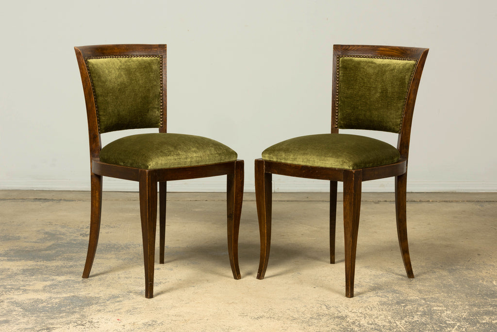 Set of 8 1930s French Art Deco Maple Dining Chairs in Olive Green Velvet