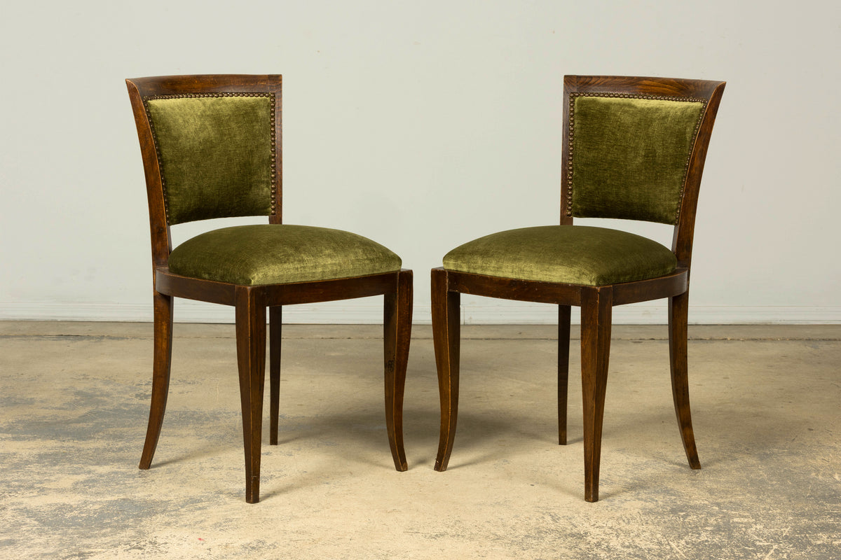 Set of 8 1930s French Art Deco Maple Dining Chairs in Olive Green Velvet