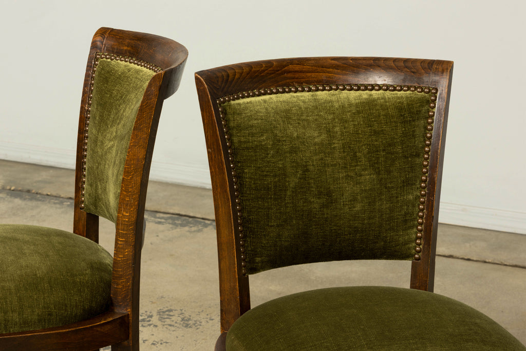 Set of 8 1930s French Art Deco Maple Dining Chairs in Olive Green Velvet