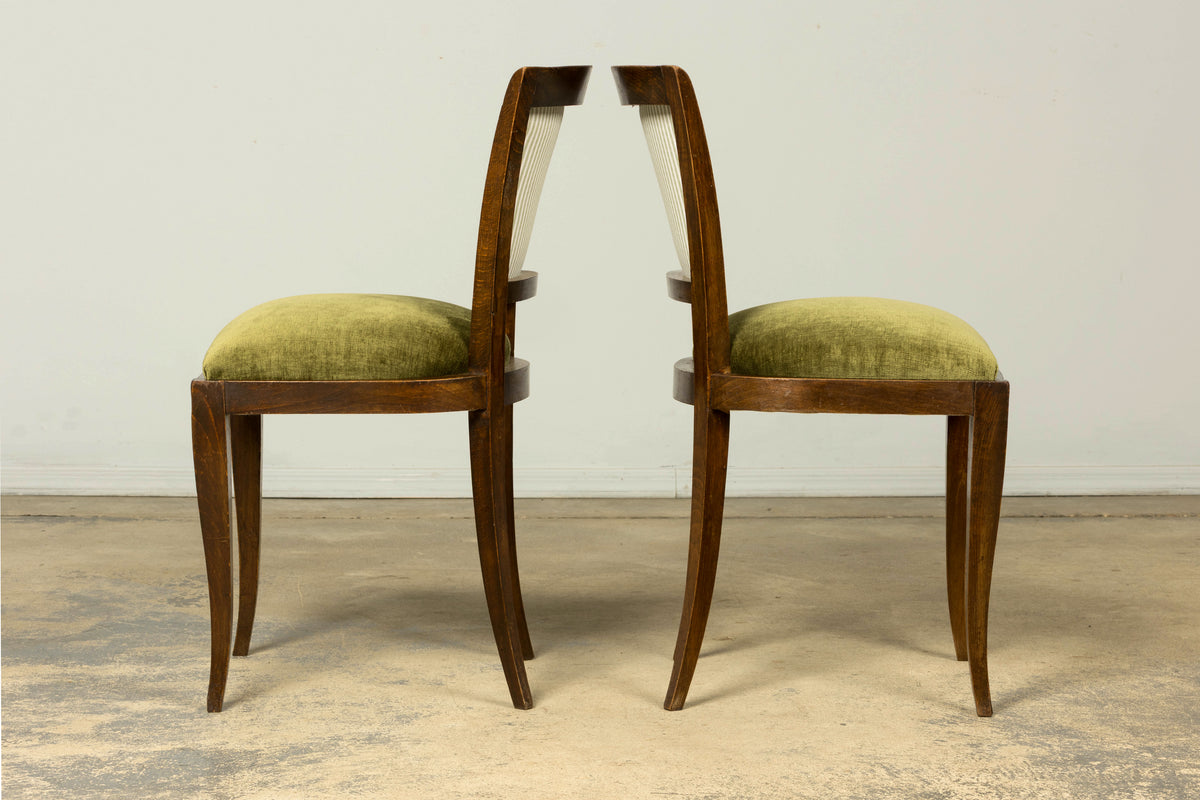 Set of 8 1930s French Art Deco Maple Dining Chairs in Olive Green Velvet