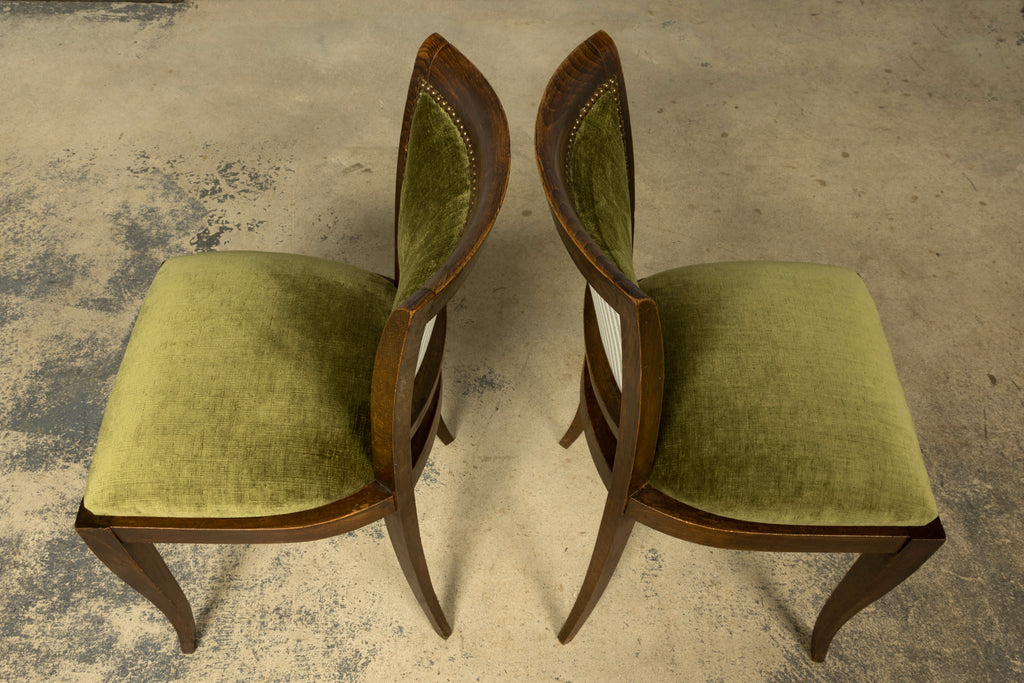 Set of 8 1930s French Art Deco Maple Dining Chairs in Olive Green Velvet