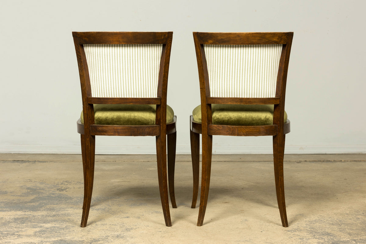 Set of 8 1930s French Art Deco Maple Dining Chairs in Olive Green Velvet