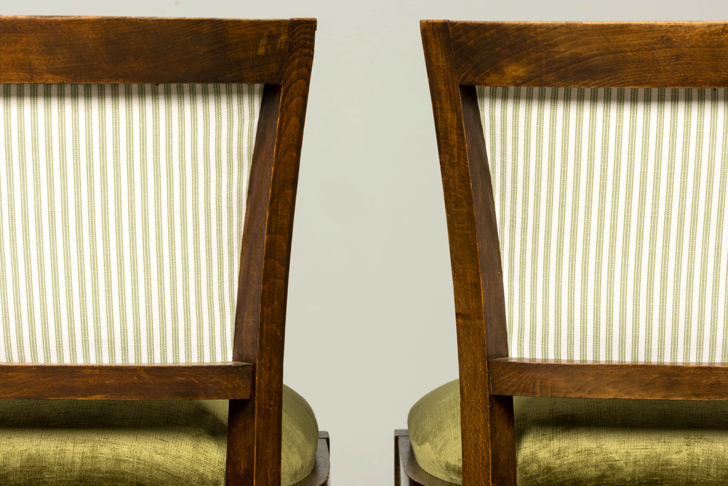 Set of 8 1930s French Art Deco Maple Dining Chairs in Olive Green Velvet
