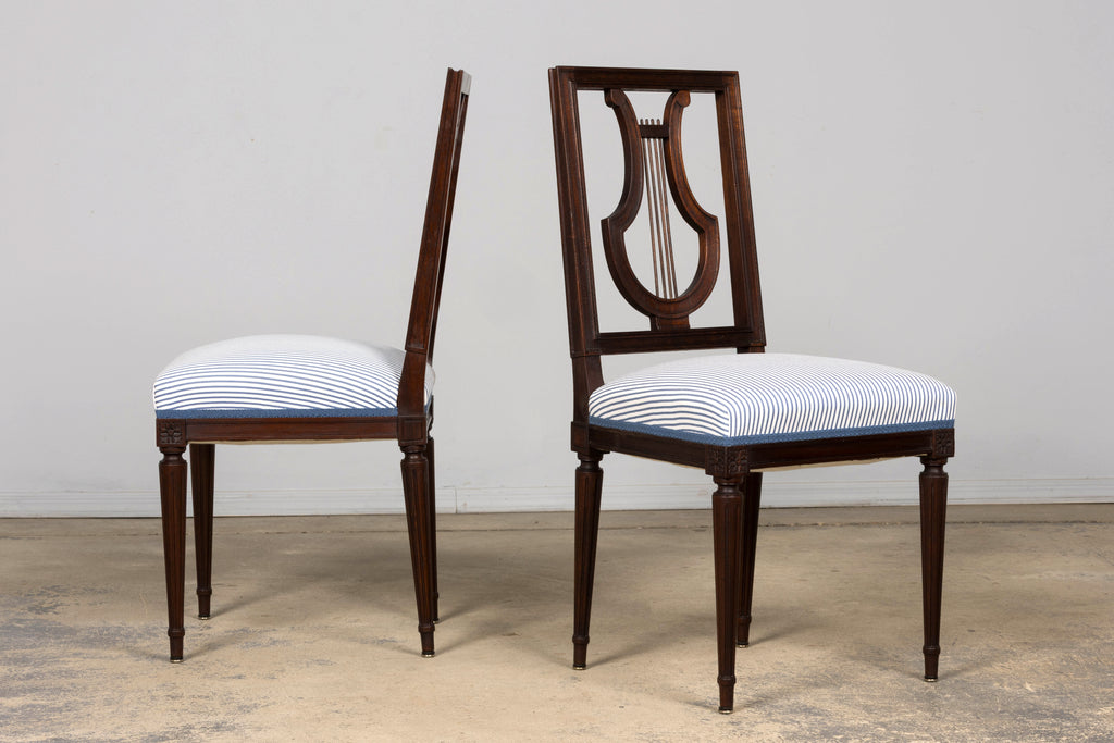 Set of 8 Early 20th Century French Louis XVI Style Mahogany Lyre Back Dining Chairs