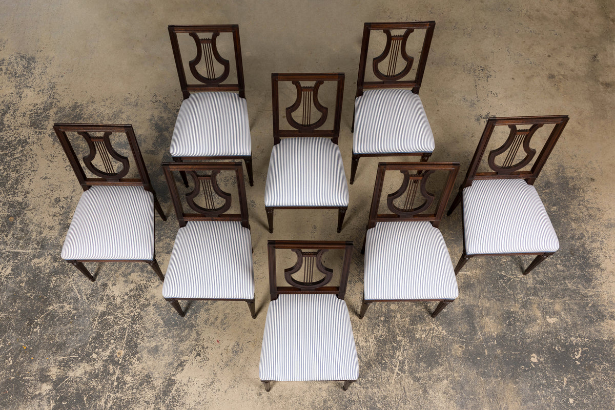 Set of 8 Early 20th Century French Louis XVI Style Mahogany Lyre Back Dining Chairs