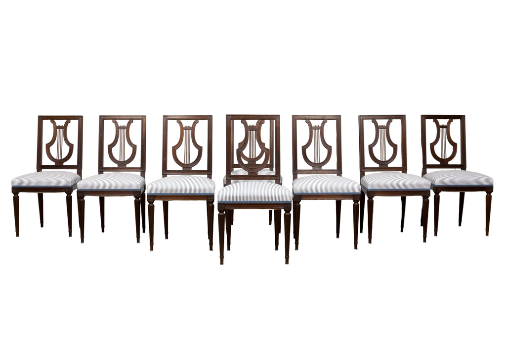 Set of 8 Early 20th Century French Louis XVI Style Mahogany Lyre Back Dining Chairs