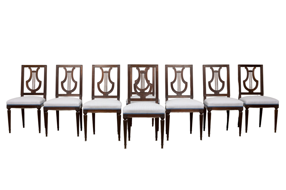 Set of 8 Early 20th Century French Louis XVI Style Mahogany Lyre Back Dining Chairs