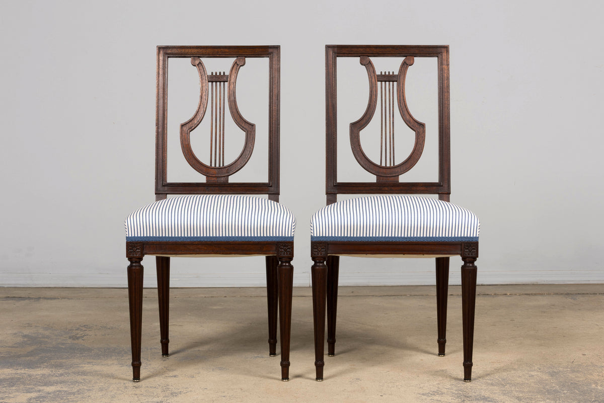 Set of 8 Early 20th Century French Louis XVI Style Mahogany Lyre Back Dining Chairs