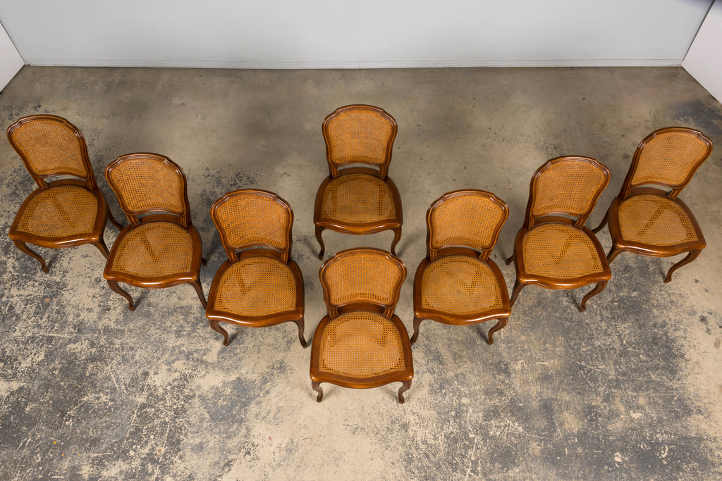 Set of 8 Early 20th Century French Louis XV Style Walnut Cane Dining Chairs