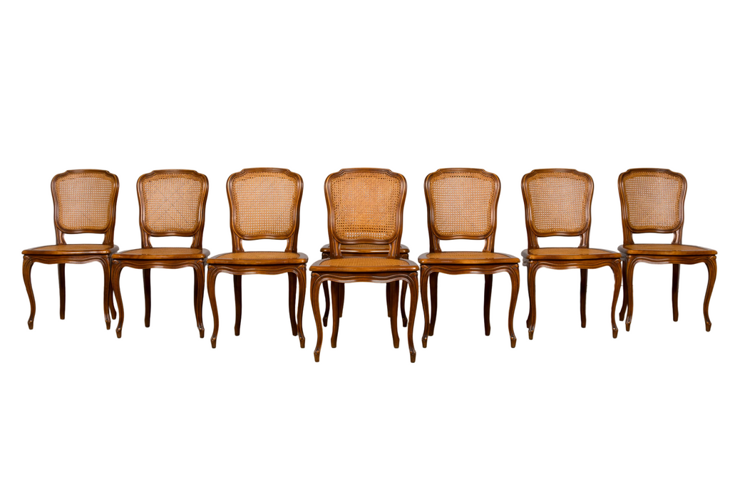 Set of 8 Early 20th Century French Louis XV Style Walnut Cane Dining Chairs