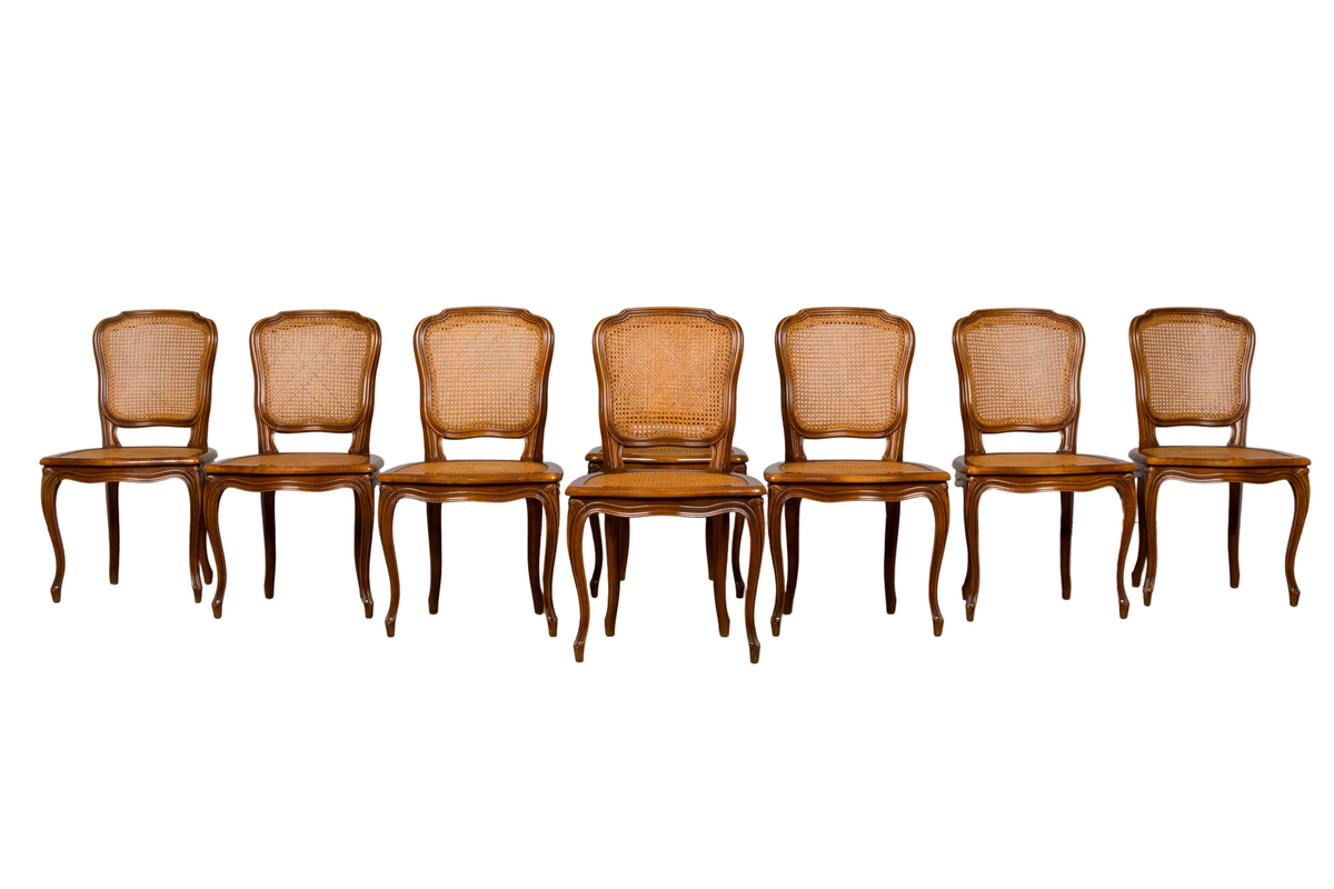 Set of 8 Early 20th Century French Louis XV Style Walnut Cane Dining Chairs