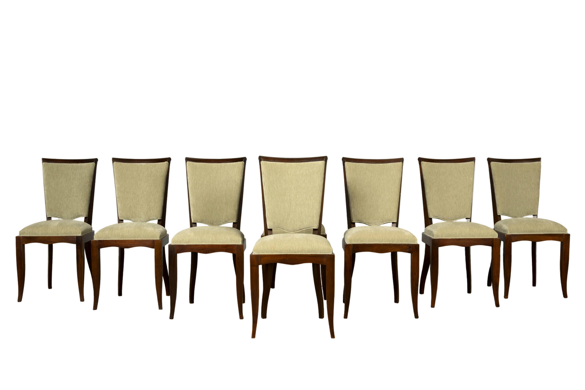 Set of 8 French Art Deco Walnut Dining Chairs in Sprout Green Velvet, 1930s
