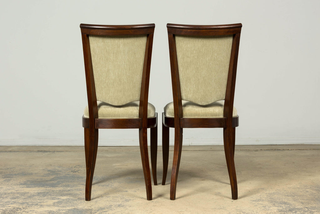Set of 8 French Art Deco Walnut Dining Chairs in Sprout Green Velvet, 1930s