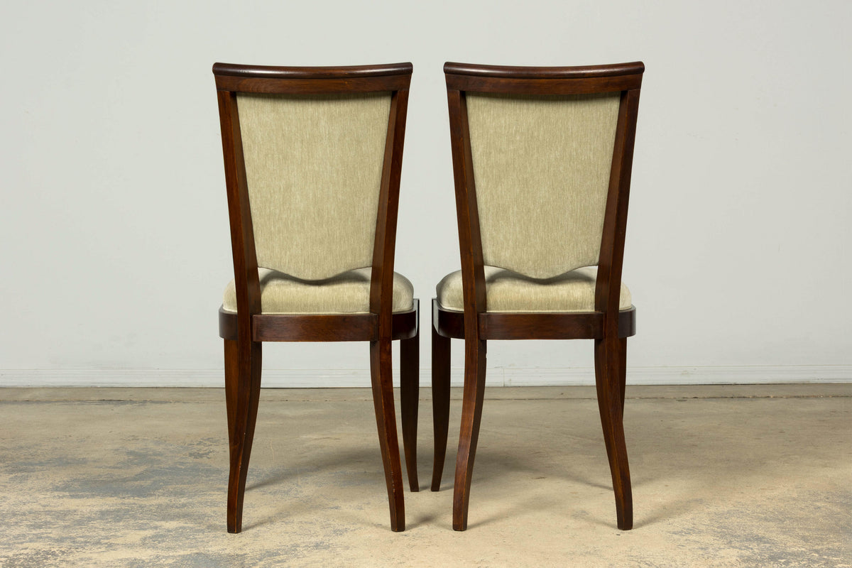 Set of 8 French Art Deco Walnut Dining Chairs in Sprout Green Velvet, 1930s