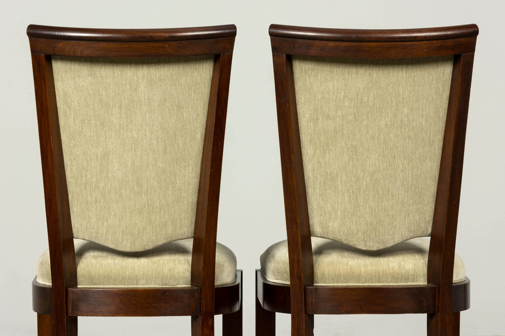Set of 8 French Art Deco Walnut Dining Chairs in Sprout Green Velvet, 1930s