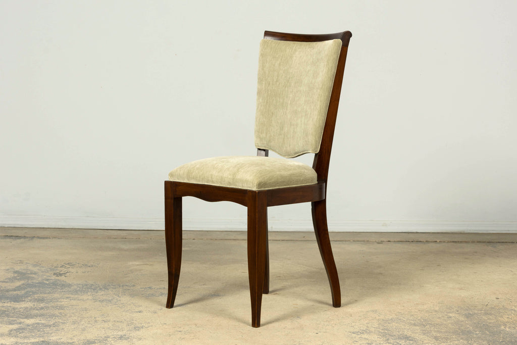 Set of 8 French Art Deco Walnut Dining Chairs in Sprout Green Velvet, 1930s