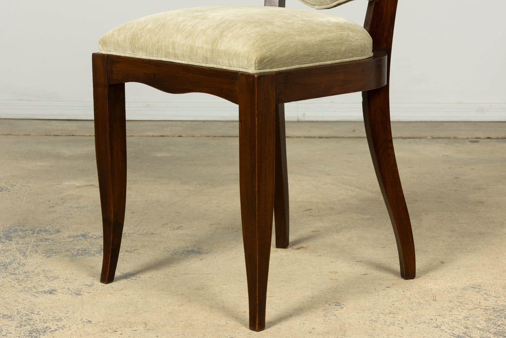 Set of 8 French Art Deco Walnut Dining Chairs in Sprout Green Velvet, 1930s