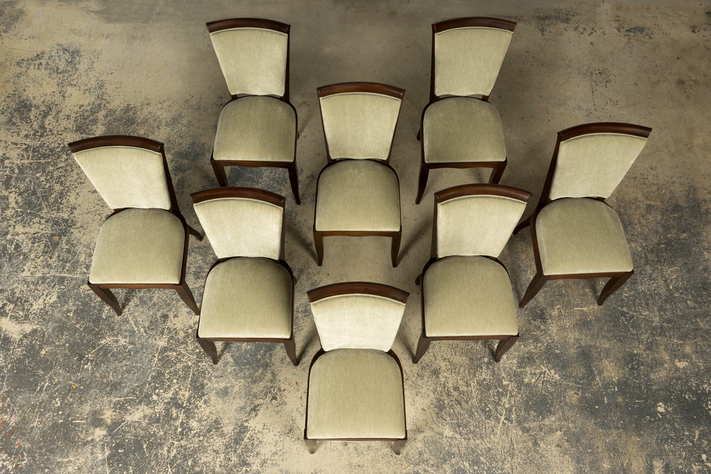 Set of 8 French Art Deco Walnut Dining Chairs in Sprout Green Velvet, 1930s
