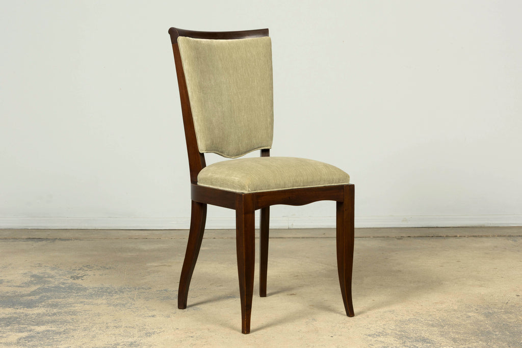 Set of 8 French Art Deco Walnut Dining Chairs in Sprout Green Velvet, 1930s