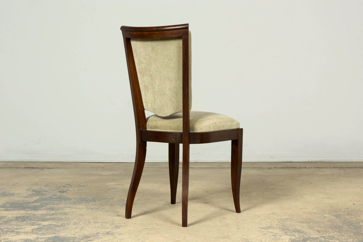 Set of 8 French Art Deco Walnut Dining Chairs in Sprout Green Velvet, 1930s