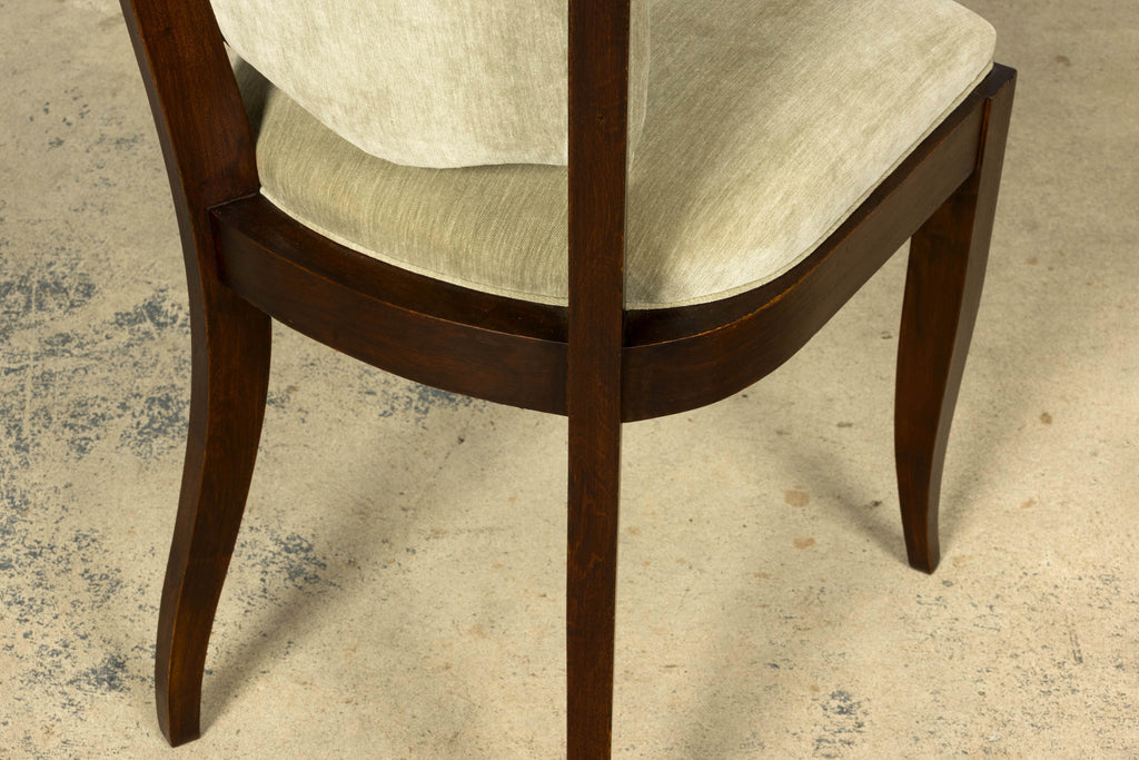 Set of 8 French Art Deco Walnut Dining Chairs in Sprout Green Velvet, 1930s