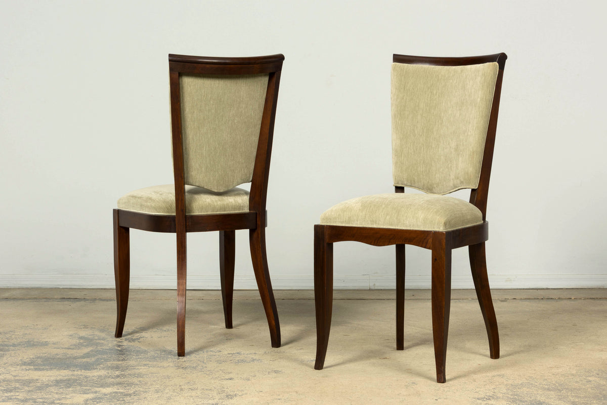 Set of 8 French Art Deco Walnut Dining Chairs in Sprout Green Velvet, 1930s