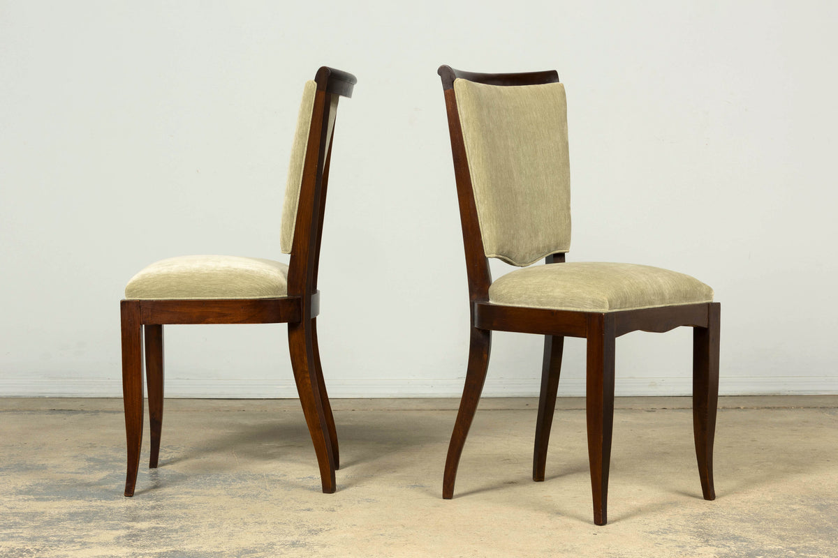 Set of 8 French Art Deco Walnut Dining Chairs in Sprout Green Velvet, 1930s