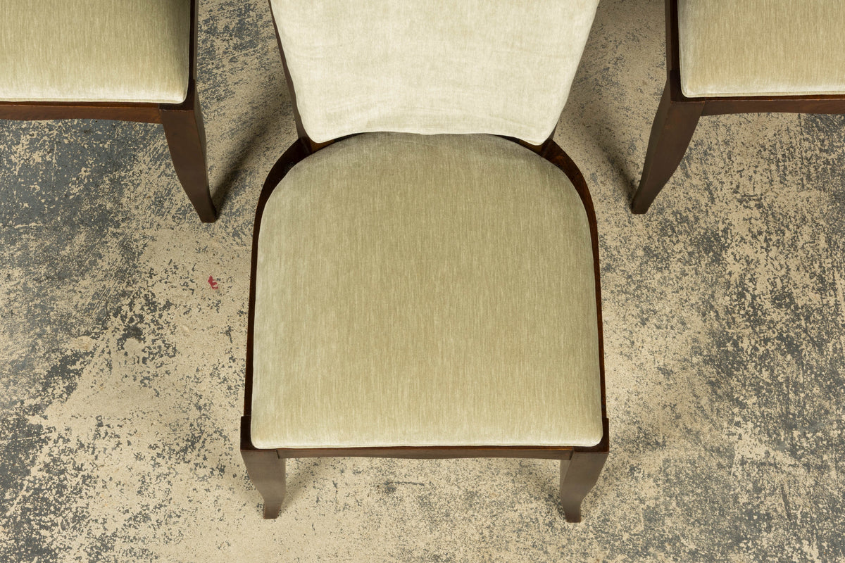 Set of 8 French Art Deco Walnut Dining Chairs in Sprout Green Velvet, 1930s