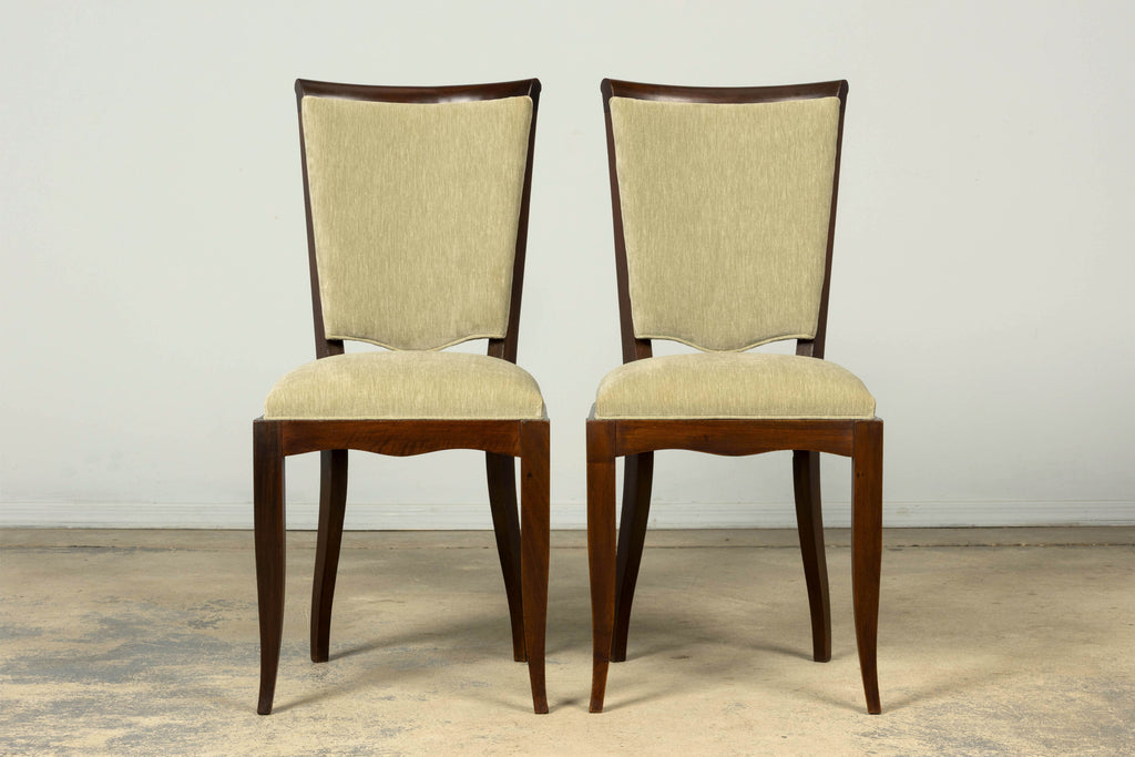 Set of 8 French Art Deco Walnut Dining Chairs in Sprout Green Velvet, 1930s