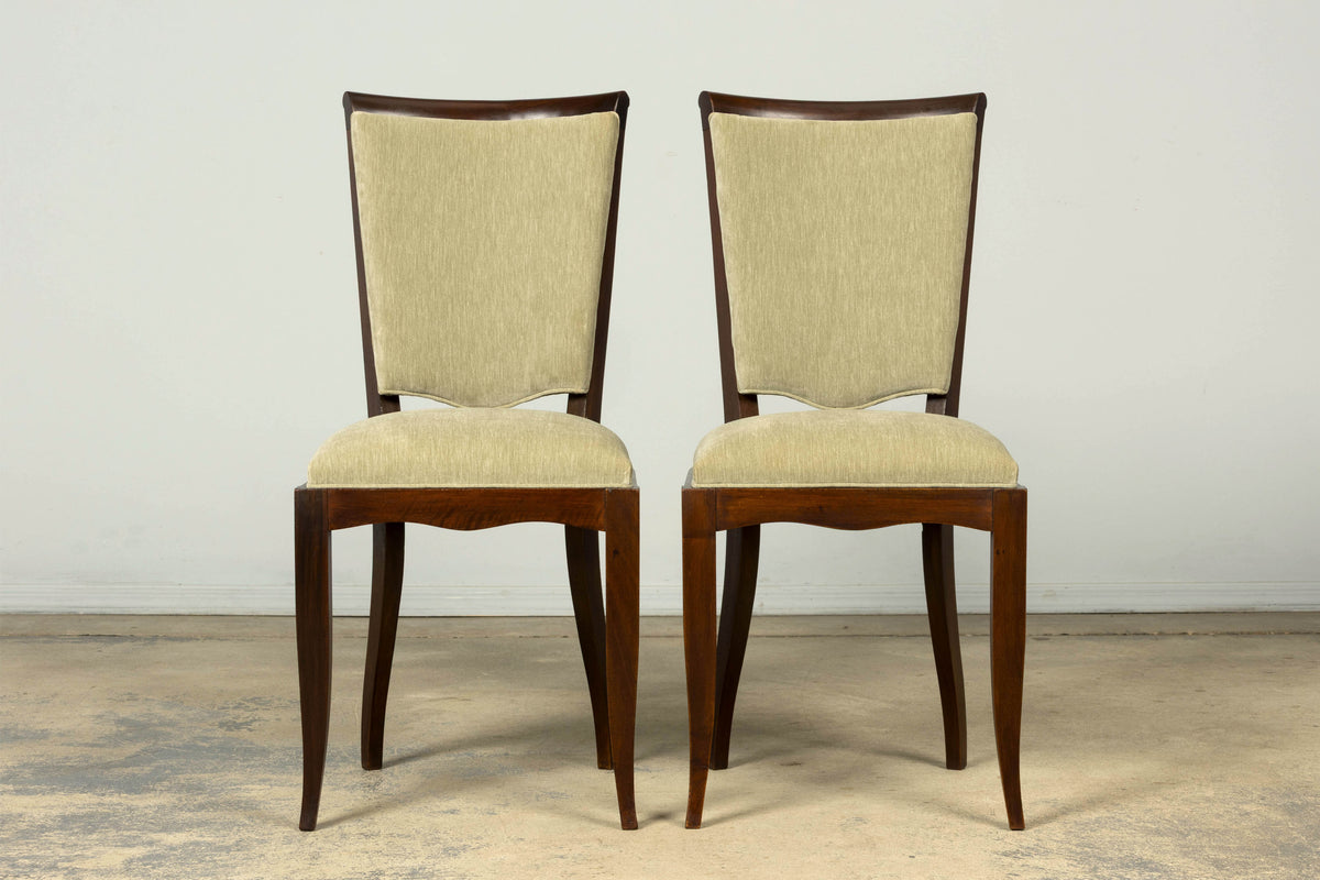 Set of 8 French Art Deco Walnut Dining Chairs in Sprout Green Velvet, 1930s