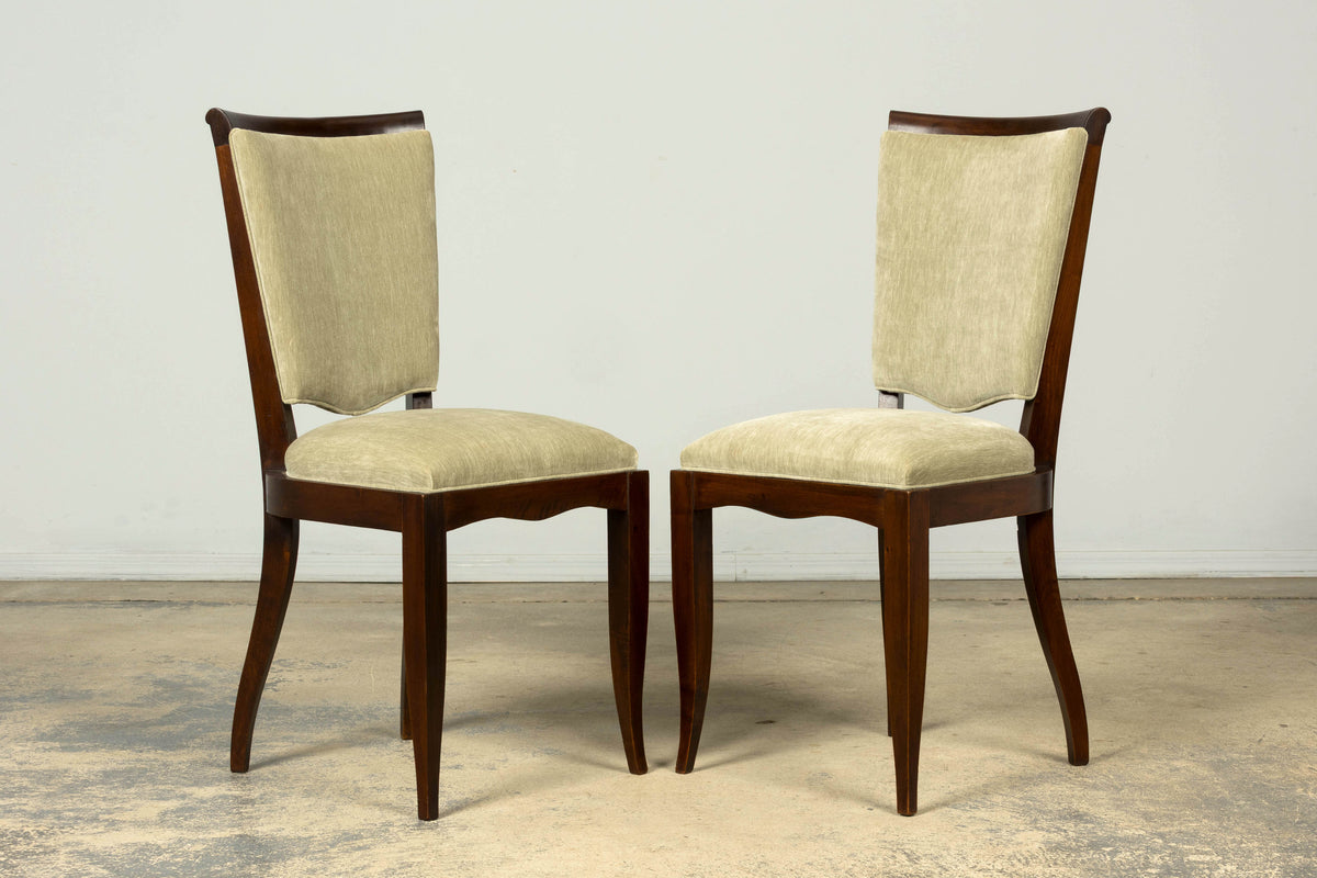 Set of 8 French Art Deco Walnut Dining Chairs in Sprout Green Velvet, 1930s