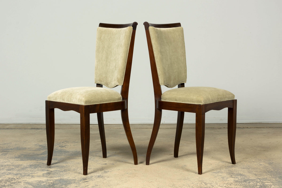 Set of 8 French Art Deco Walnut Dining Chairs in Sprout Green Velvet, 1930s