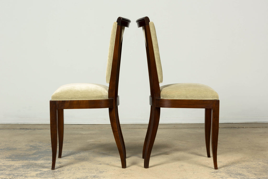 Set of 8 French Art Deco Walnut Dining Chairs in Sprout Green Velvet, 1930s