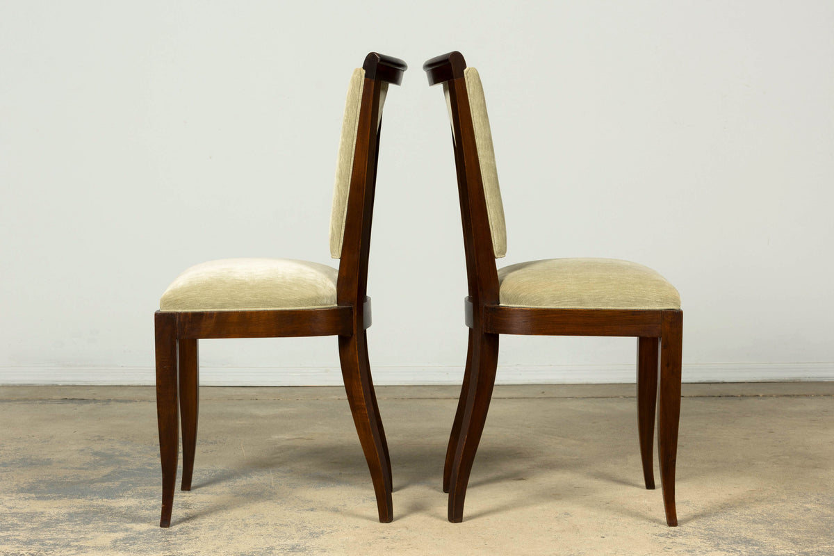 Set of 8 French Art Deco Walnut Dining Chairs in Sprout Green Velvet, 1930s