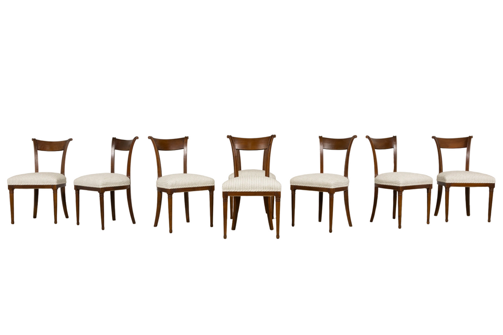 Set of 8 French Directoire Walnut Dining Chairs, Early 19th Century