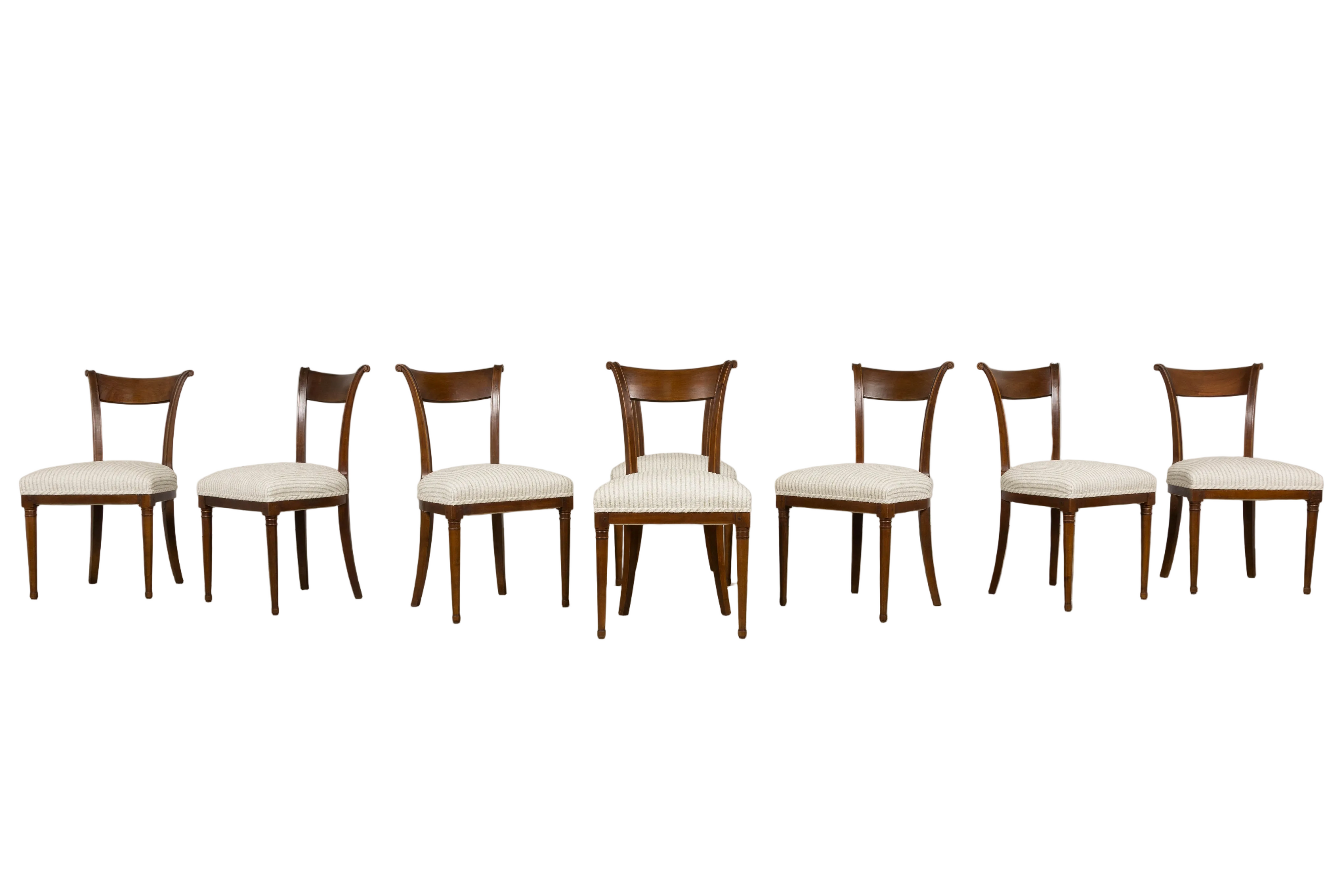 Set of 8 French Directoire Walnut Dining Chairs, Early 19th Century