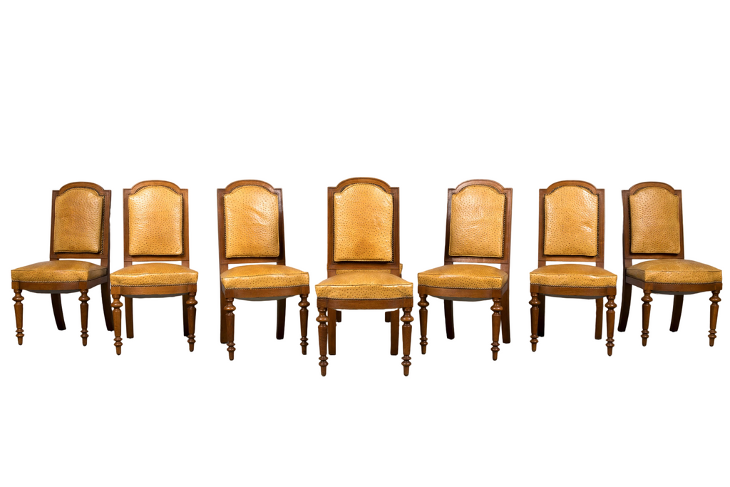 Set of 8 Late 19th Century French Napoleon III Oak Dining Chairs in Ostrich-Embossed Leather