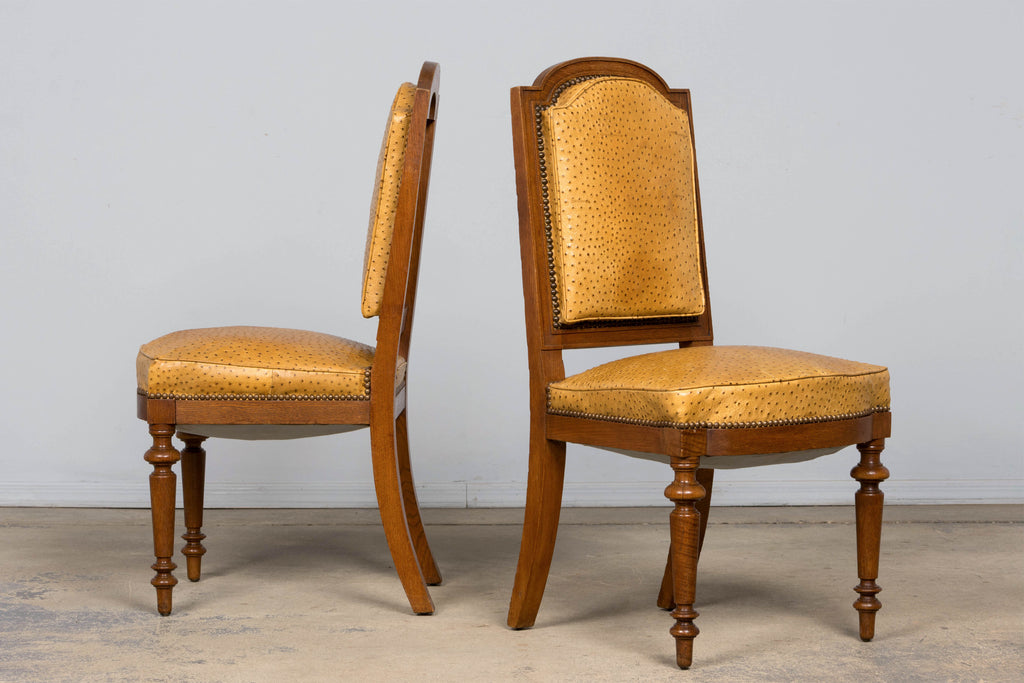 Set of 8 Late 19th Century French Napoleon III Oak Dining Chairs in Ostrich-Embossed Leather