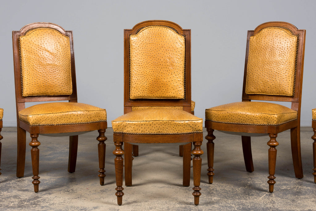 Set of 8 Late 19th Century French Napoleon III Oak Dining Chairs in Ostrich-Embossed Leather