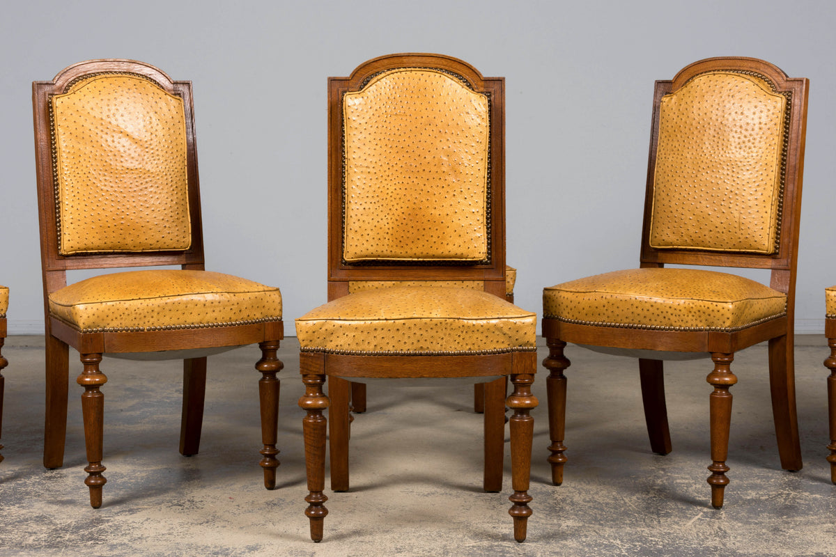 Set of 8 Late 19th Century French Napoleon III Oak Dining Chairs in Ostrich-Embossed Leather