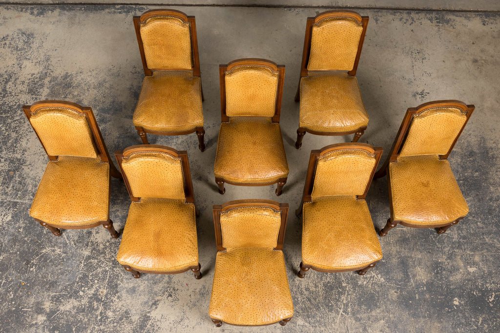 Set of 8 Late 19th Century French Napoleon III Oak Dining Chairs in Ostrich-Embossed Leather