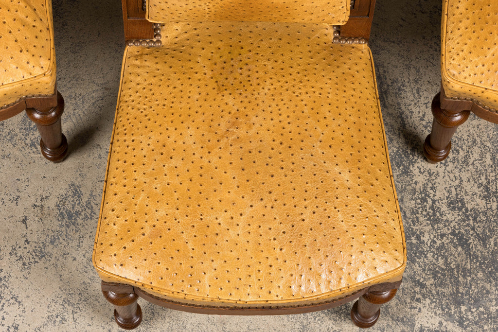 Set of 8 Late 19th Century French Napoleon III Oak Dining Chairs in Ostrich-Embossed Leather